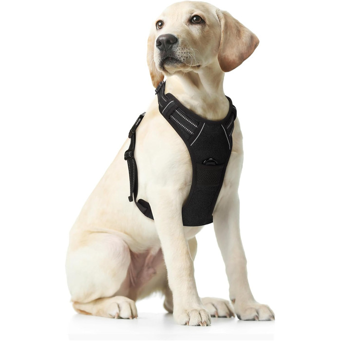 Шлейка для собак Funfox, середнього розміру, анти-тяга, регульована, з ручкою та світловідбиваючими смугами, чорна, L