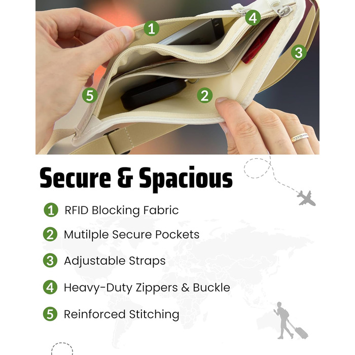 Грифель для подорожей: прихований поясний гаманець для чоловіків та жінок з RFID-блокуванням – безпечний для документів, грошей та телефону (бежевий)
