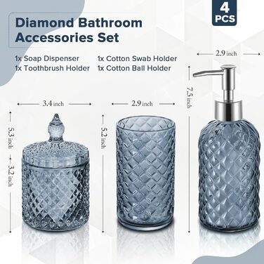 Набір аксесуарів для ванної кімнати з блакитного кришталю, 4 шт.