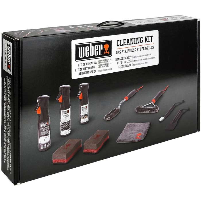 Weber Stainless Steel Grill Cleaning Set, includes: 3 Grill Brushes, Grill Grate & Stainless Steel Cleaner (300ml each), Non-Stick Spray 200ml, Microfiber Cloth, Scraper, 2 Cleaning Sponges (18284)
