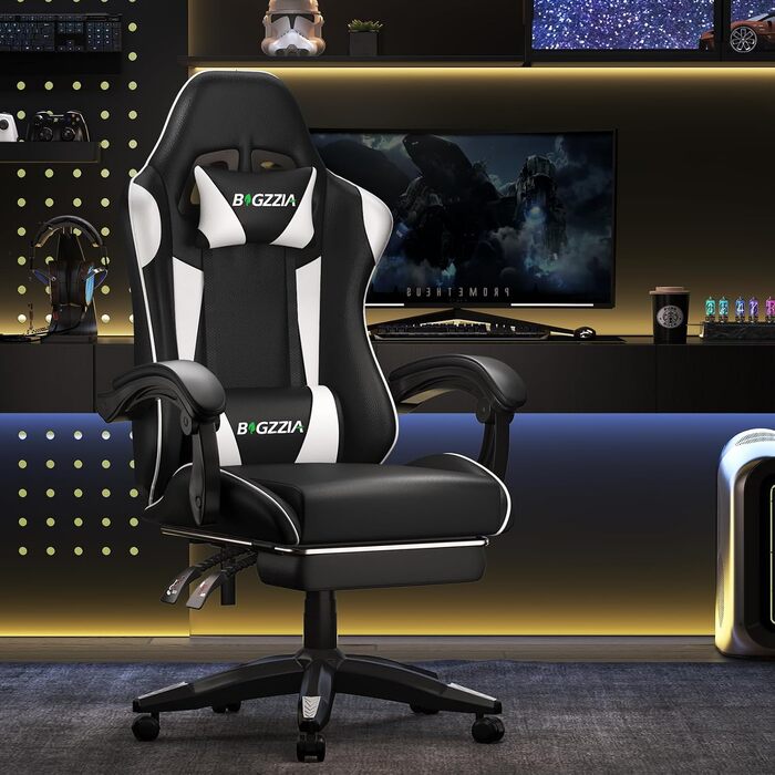 Ігрове крісло Bigzzia Ergonomic Gaming Stuhl з підніжкою та функцією масажу, біле