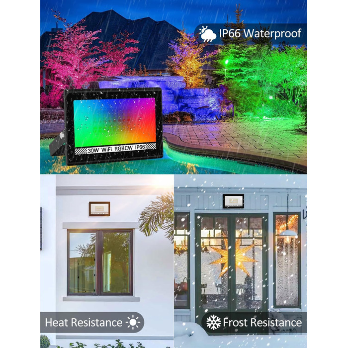 LED Floodlights Outdoor, 100W Smart RGB Floodlights with Remote Control and Bluetooth App, LED Floodlight Spotlights Color Changing Floodlights, IP66 Waterproof Floodlights for Gardens, Courtyards (2 Pack) (30w-rgb-app-4p)