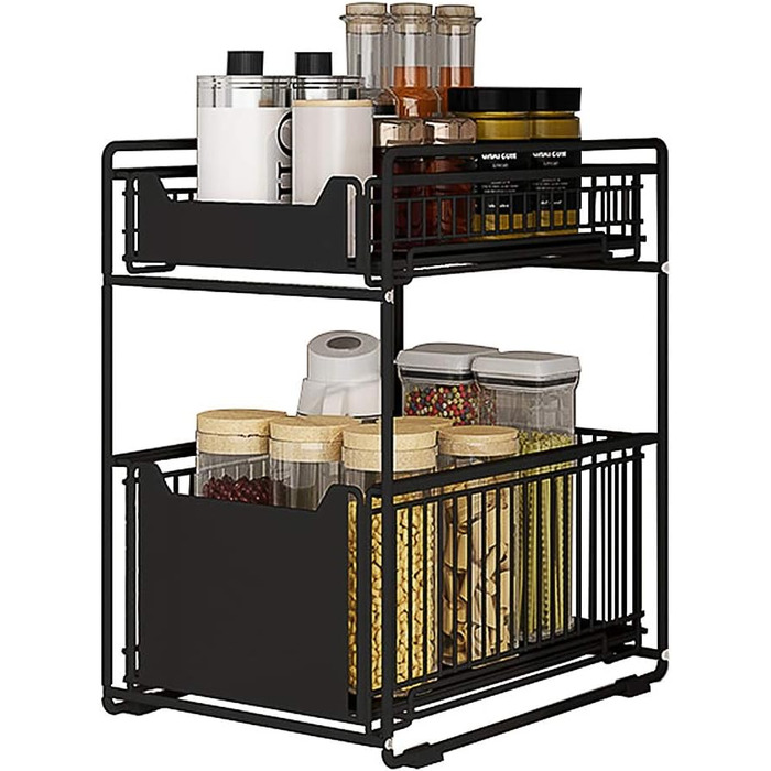 Under-Cabinet Organizer with 2 Tiers, Adjustable Height, with Wooden Handle, Pull-Out Metal Basket for Kitchen and Bathroom (Black)