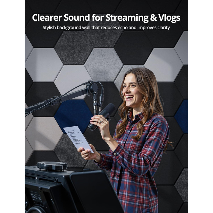 Акустичні гексагональні панелі самоклеючі для звукоізоляції, 12 шт, поглинач шуму для студії, вітальні, геймерської кімнати та офісу, 30 x 26 x 0,9 см (Білий)