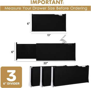 RAPTUROUS Expandable Extra Tall Wardrobe Drawer Dividers, 3 Pack, 15.2cm High Dresser Drawer Organizers, Adjustable Kitchen Drawer Organization, Bathroom, Office – Black