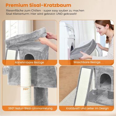 Дряпальня для котів великих порід, 60 см, сірий, з платформою, сизаль, пандус, будиночок, м'ячики, щітка