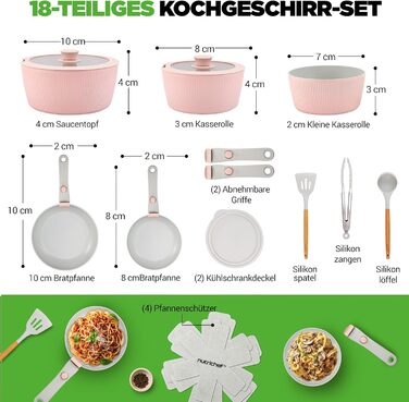 Набір посуду NutriChef 18 предметів керамічний рожевий з знімними ручками, для індукційних плит, антипригарний, компактний, для духовки, універсальний