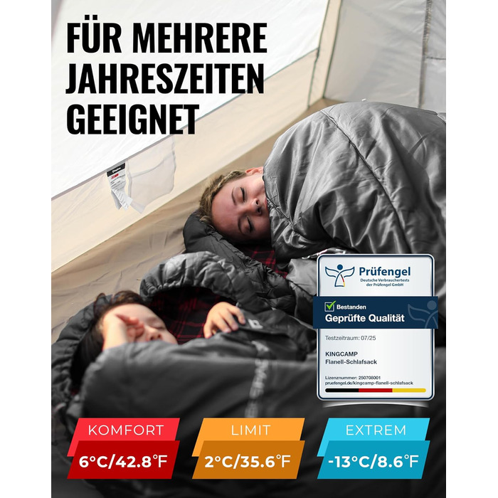 Сплячий мішок KingCamp XXL з бавовни фланелі для дорослих, великого розміру, теплий, зимовий, для кемпінгу, подорожей та активностей на відкритому повітрі, 4-сезонний, 220x100 см, класичний чорний