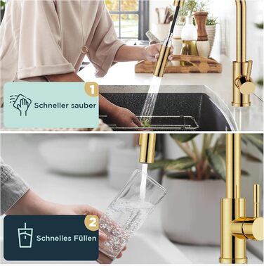 Кран кухонний FORIOUS, Чорний, з висувною лійкою, поворотний на 360°, з покриттям Gold