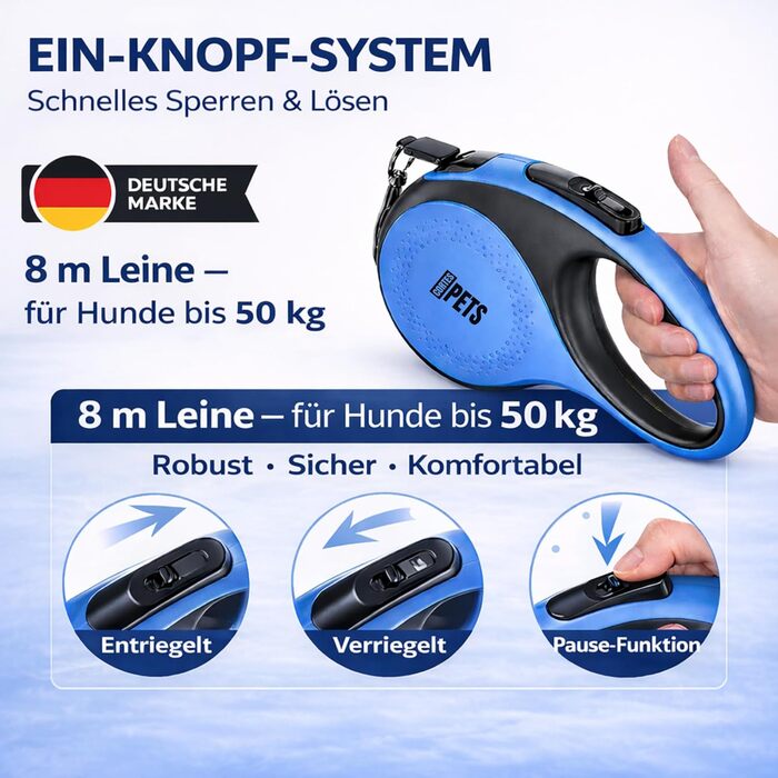 Рулетка для собак великих порід Flexi New Comfort, 8 м, до 50 кг, з кнопкою блокування, тримач для відходів, блакитна XL