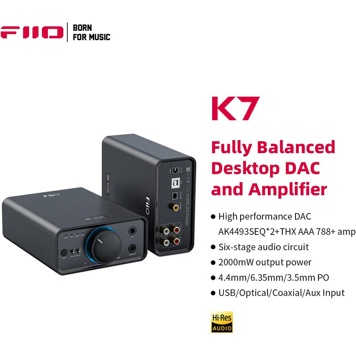 FiiO K7 - Портативний Hi-Fi ЦАП та підсилювач навушників з балансним виходом, AK4493S, XMOS XU208, USB/оптичний/коаксіальний вхід, 6.35 мм/4.4 мм вихід, чорний