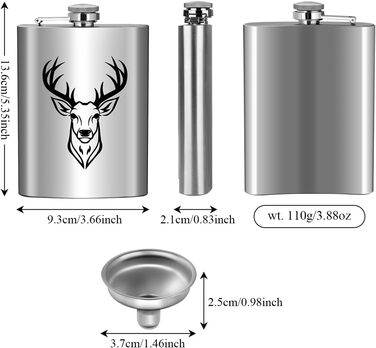 Фляга туристична 237мл з нержавіючої сталі, з воронкою та листівкою, чорна, з візерунком голови оленя, для кемпінгу, піших прогулянок та активного відпочинку