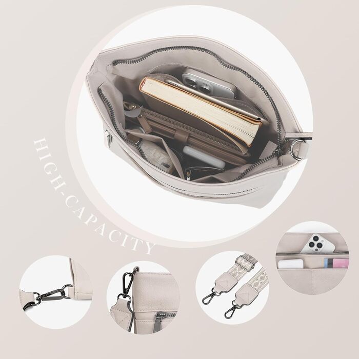 Сумка жіноча Gladdon шкіряна крос-боді середнього розміру з широким ременем, сумка на плече з жакардовою тканиною (бежева)