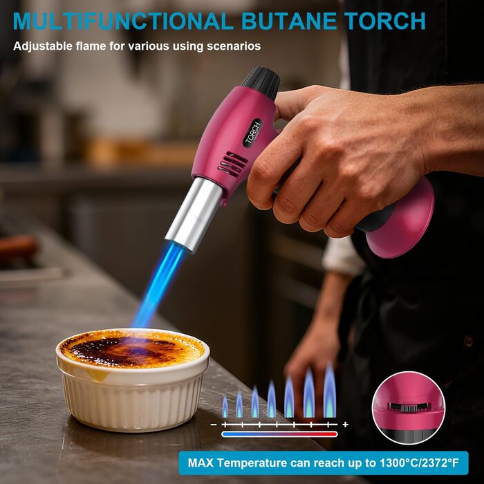 Нагрівач для крем-брюле, перезавантажуваний, рожево-чорний. Міні-нагрівач з безпечним закриттям та регульованим полум'ям для десертів, крем-брюле, барбекю. (Бутан не входить до комплекту)