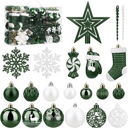 Набір ялинкових прикрас SOLEDI® 128 шт. Преміум якість, пластикові кулі білого кольору з зіркою, міцні та безпечні, набір прикрас з гачками, кольорові ялинкові кулі, багаторазовий декор на Різдво (зелений)