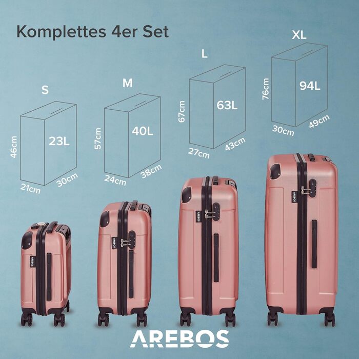 Набір валіз Arebos 4шт. з ABS-пластику | Чемодан-ролер з телескопічною ручкою | З замком-блискавкою, 360° колесами | Розміри S-M-L-XL | (Рожево-золотий)