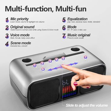 Караоке Машина з 2 Бездротовими Мікрофонами, Bluetooth Колонка з Сенсорним Екраном, LED-підсвічуванням та Підставкою для Телефону, Караоке Колонка для Дітей з USB/TF/AUX (Срібна)