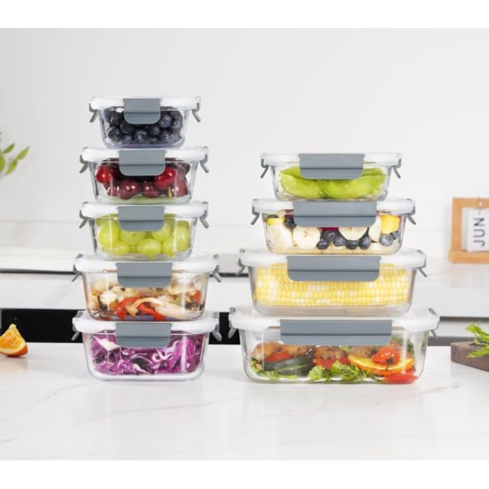Набір контейнерів для зберігання продуктів Glas, 18 шт. (9 контейнерів, 9 кришок) - безпечні для миття в посудомийній машині, мікрохвильовій печі та морозильній камері, без BPA, сірий