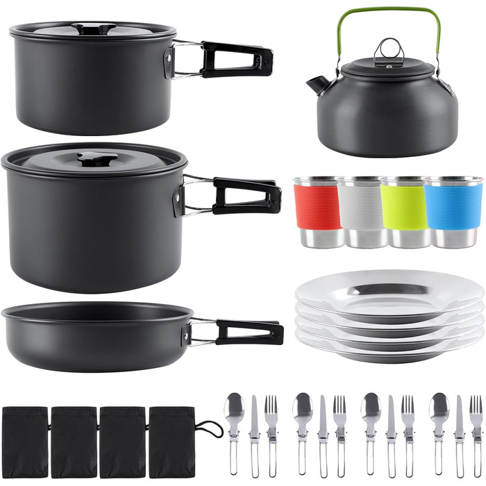 Набір кухонного посуду для кемпінгу на 4 особи з алюмінію: каструлі, сковорідки, посуд для відпочинку на природі