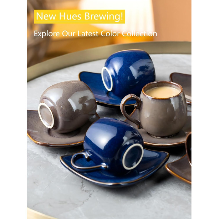 Набір кавових чашок з блюдцями LYEOBOH (6 шт.), 85 мл, кераміка, білий колір, з металевим підставкою та ложками. Підходять для еспресо, капучино, лате, мокко та чаю.