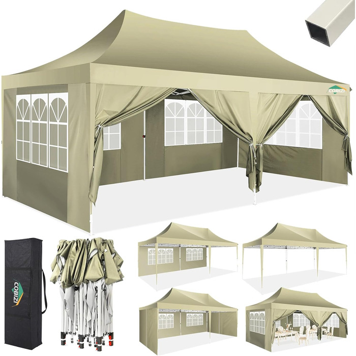 COBIZI Pavilion 3x3 Waterproof Stable Winter-Proof Party Tent 3x3 with 4 Side Panels Pop-Up Folding Pavilion UV Protection 50+ Garden Pavilion with Handbag, 8X Stakes and 4X Wind Rope, (Khaki, 3x6 m)