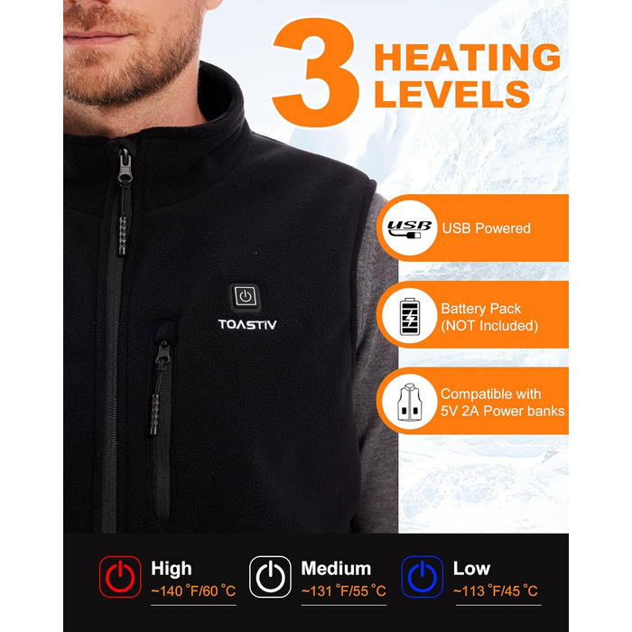 Електрична гріюча жилетка для чоловіків Polar Fleece, 6 зон нагріву, USB, Outdoor, XL, Чорний