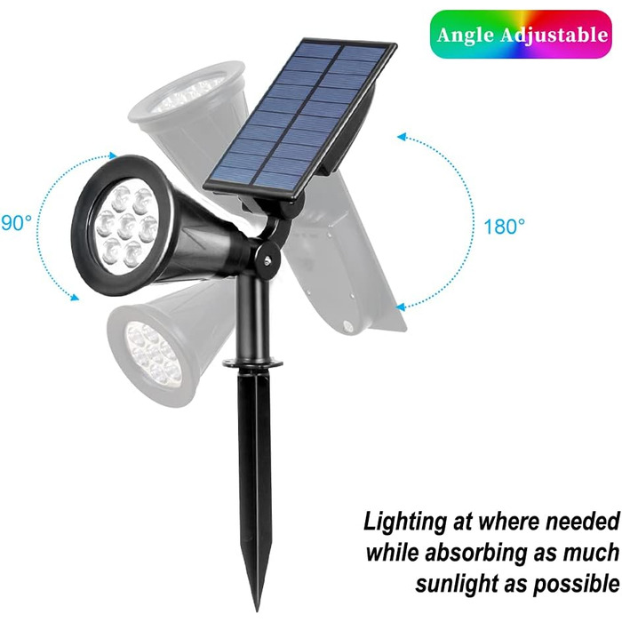 T-SUN LED Solar Spotlights, 2 Pack 4 LED Solar Garden Lights, Bright Garden Lights, 2 Lighting Modes, Safety Lighting, Large Outdoor Light for Lawn, Paths, Terrace (Cool White 6000K) (7led-rgb, 1 Piece)