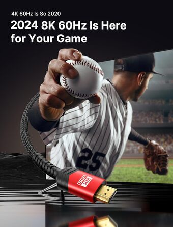 JSAUX HDMI 2.1 Кабель 8K 1.8м: 48Gbps, Highspeed Ethernet, HDR, eARC, Dolby Vision, VRR, для PS4 Pro, PS5, TV, Blu-ray, Проектор (червоний)
