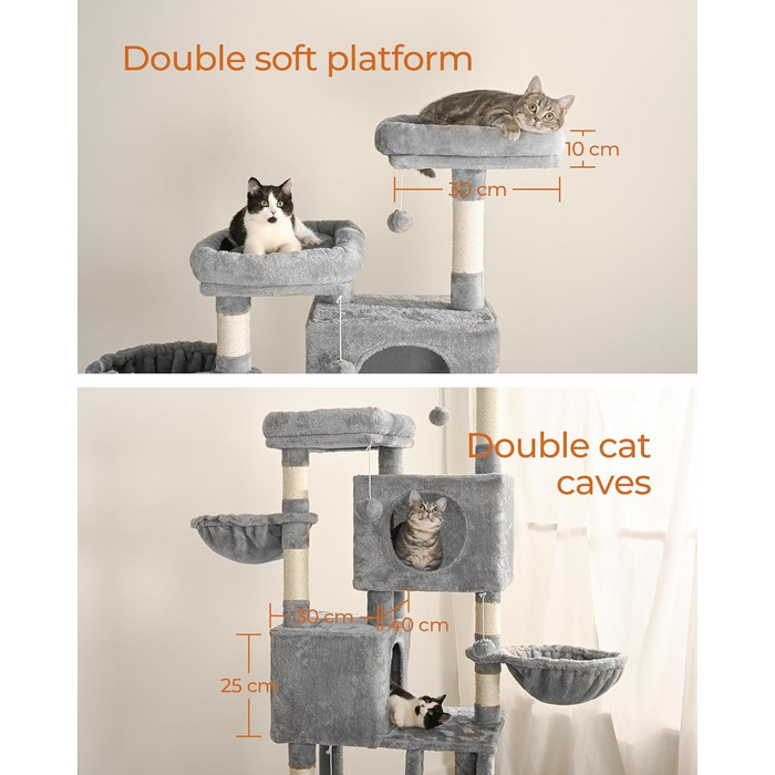 Дерев'яний будиночок для котів FourFurPets 160 см, з платформами, печерами, гамаком та сизалевою драбиною, сірий