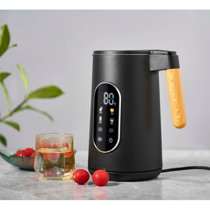 Електричний чайник з регулюванням температури 1.7л, 2200W, чорний, з дерев'яною обробкою