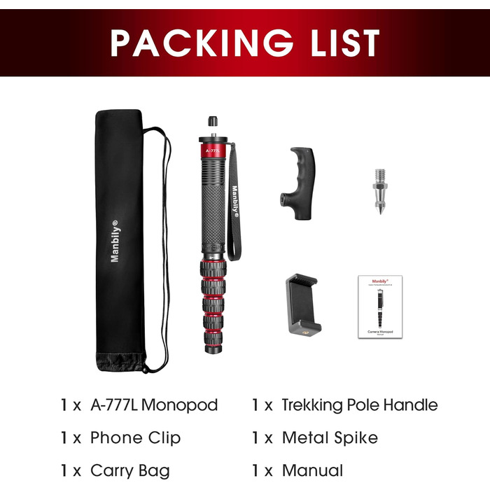 Монопод для камери Manbily 36mm, 6 секцій, 44-174см, з алюмінію, з ручкою-гніллом, до 18кг, з кріпленням для телефону, червоний