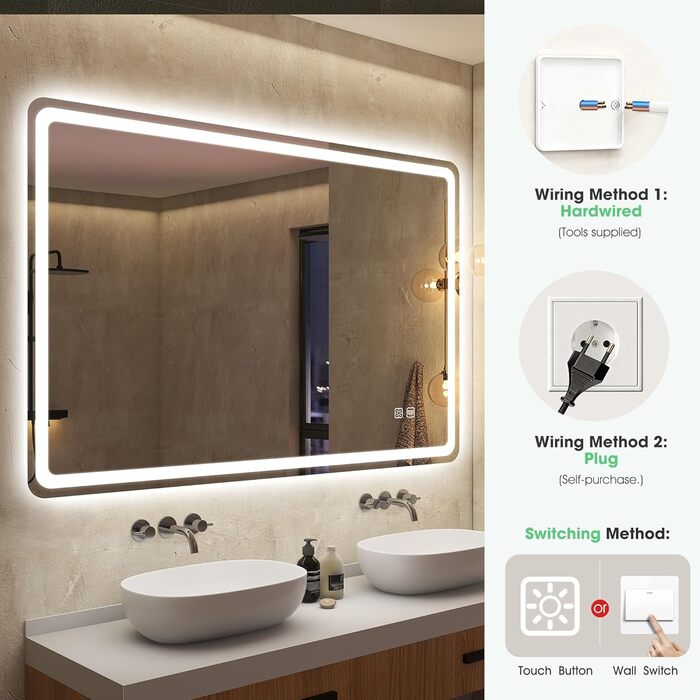 Дзеркало для ванної кімнати S'bagno з підсвічуванням 100x70 см, LED, з полицею, антизапар, 3 колірні температури, регулювання яскравості, HD скло, IP44, горизонтальне/вертикальне встановлення, M55 (без Bluetooth)