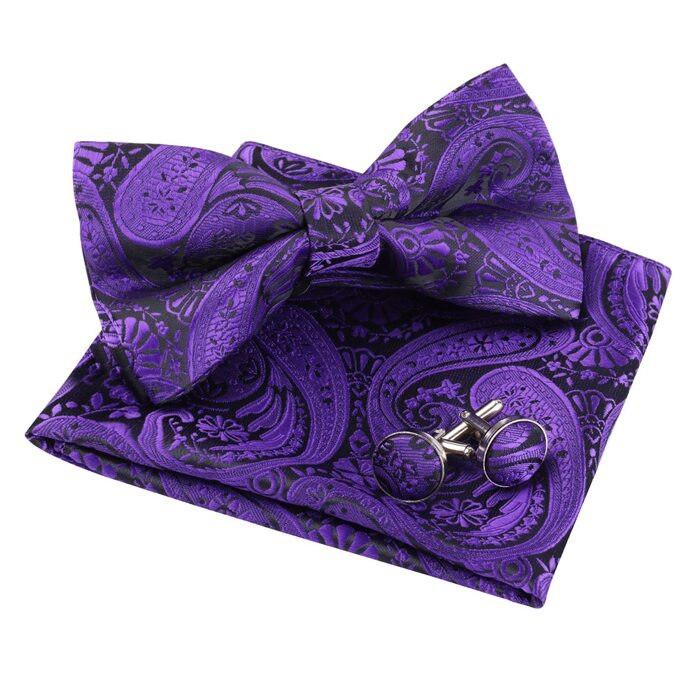 Набір краватки з градієнтом Paisley, кишенькового хустинки та запонок Alizeal (028-Темно-фіолетовий)