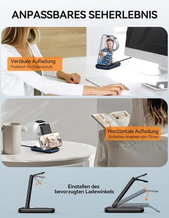 TECKNET Бездротова зарядка 3 в 1, Складна індукційна станція, Швидка зарядка для iPhone 17/16/15/14/13/12/11/Pro Max, Apple Watch Ultra/11-3/SE, AirPods Pro 3-2/4-2, Чорний