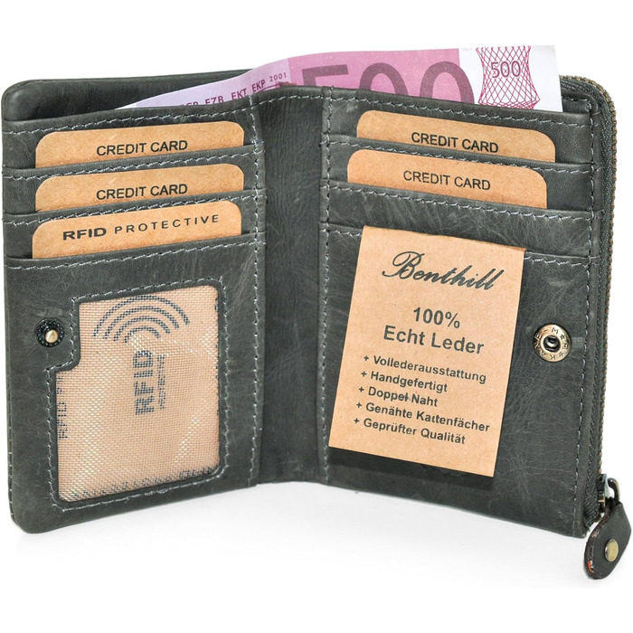 Benthill Small Wallet - Genuine Leather - Women's Wallet with RFID Protection - 6 Card Slots - Slim Wallet incl. Gift Box, Color: Olive - Grey