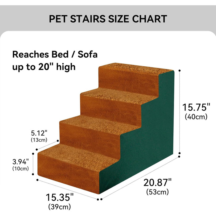 NAMSAN Dog Stairs 3-Step Pet Ladder, Easy Assembly, Cat Stairs with Washable Cover for Sofa, 42 x 40 x 31cm (4 Steps-Brown)
