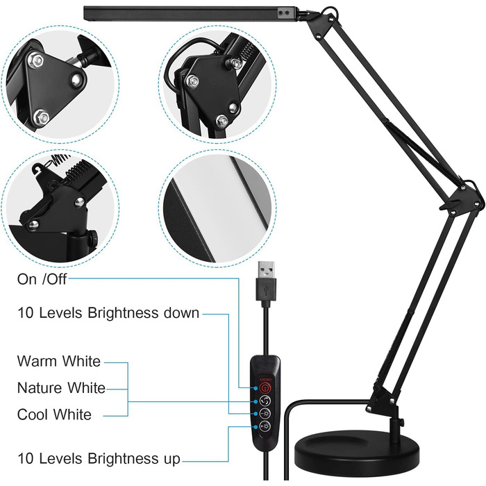 SKYLEO Dimmable Desk Lamp with Clip - Eye Protection LED Task Lamp - 3 Modes & 10 Brightness Levels - Black