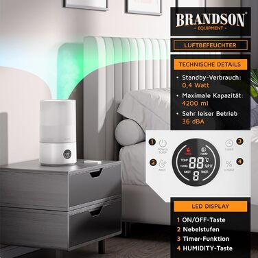 Зволожувач повітря Brandson з цифровим дисплеєм та пультом дистанційного керування, 4.2 л, таймер, 3 режими туману, тиха робота, функція Sleep, для спальні, дитячої кімнати, офісу