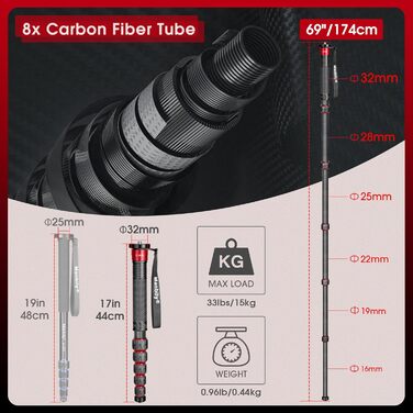 Монопод Manbily 32мм з карбону для камери: 44-174см, 6 секцій, до 15кг, з кліпсою для телефону, червоний