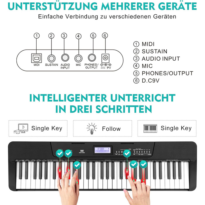 MUSTAR 61-клавішна клавіатура-піаніно для початківців, цифрова клавіатура з підсвічуванням, динаміками, стійкою, табуретом, навушниками, мікрофоном, підставкою для нот, 300 звуками та уроками музики (Чорний)