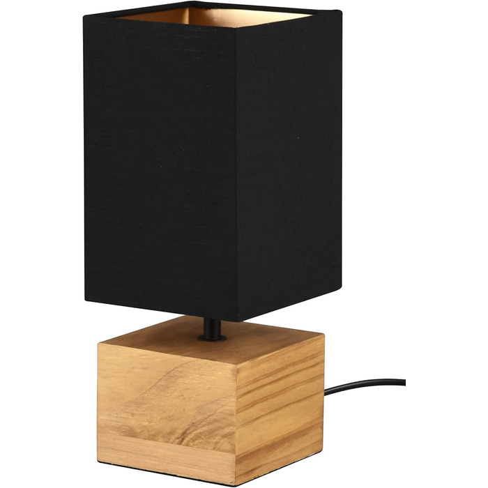 Настільна лампа Reality Leuchten Woody R50181080 з дерев'яним цоколем, чорний матовий метал, абажур з тканини золотого кольору, без лампочки E27 (12x12 см)