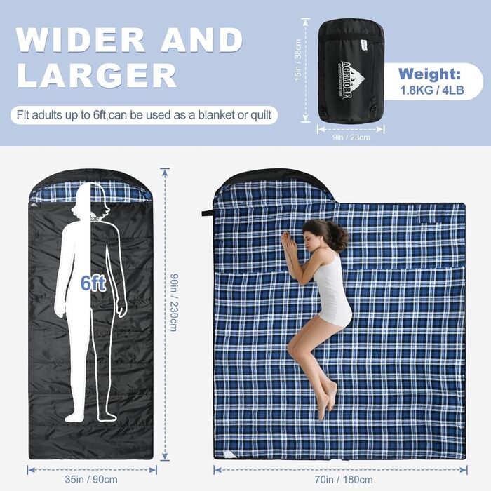 Спальний мішок Baumwoll-Flanell для дорослих: легкий, водонепроникний, 100% бавовна. Ідеально для кемпінгу, подорожей та відпочинку на природі (чорний / синій)