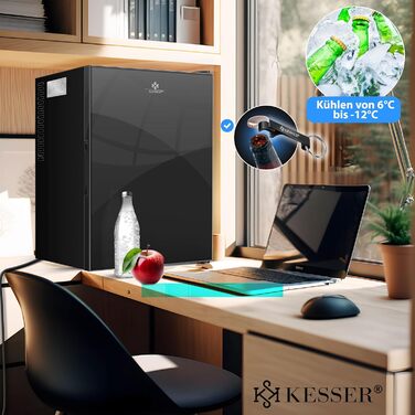 Міні-холодильник KESSER® 40L з скляною дверцятами: ідеальний для кемпінгу, офісу, спальні, готелю, кухні. Безшумний, з можливістю зміни напрямку відкривання дверцят, внутрішня підсвітка та відкривачка для пляшок. Чорний колір.