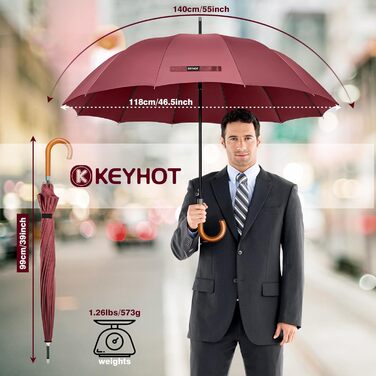 KEYHOT Windproof Umbrella - Large Stick Umbrella with Wooden Handle for Men & Women - 12 Ribs, XL - Burgundy, 118cm