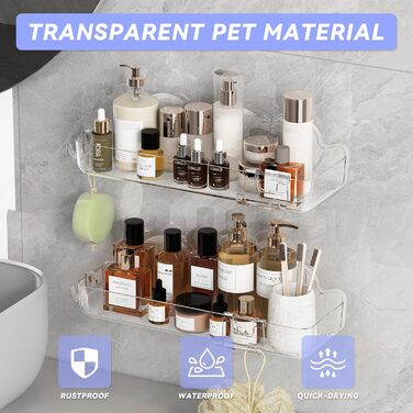 Полиця для душу без свердління, 6 шт. Настінна полиця для ванної кімнати з тримачем для фену та гачками, полиця для душу з нержавіючої сталі, органайзер для ванної кімнати та кухні сірого кольору (2-прозорий)