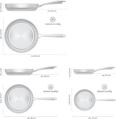 Набір сковорідок COOKNANO 3 шт. (20+26+30 см), нержавіюча сталь, без антипригарного покриття, для всіх типів плит, безпечно мити в посудомийній машині