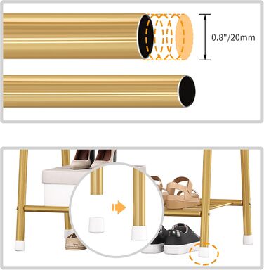 Robust metal clothes rack with double shelves for hanging clothes, freestanding and portable, 62 L x 35 W x 157.5 H cm, space-saving, gold