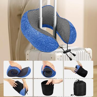 Подушка для шиї у літак - туристична подушка з Memory Foam - портативна подушка для подорожей - з 3D-маскою для сну та берушами - ідеальна для літака, авто, дому, офісу, подушка для сну (Блакитна)