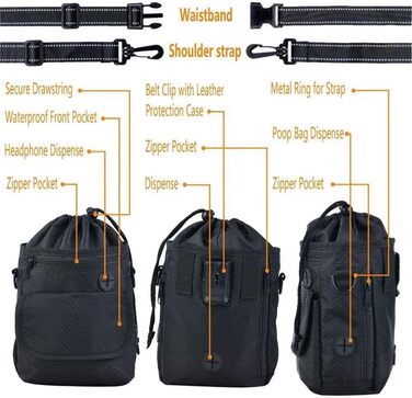 Водонепроникна сумка для ласощів для собак Hanwell з інтегрованим дозатором пакетів для екскрементів, сумка для дресирування собак на стегні та на плечі, чорна