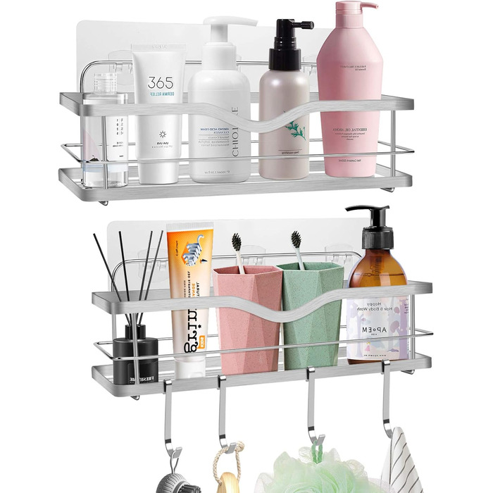 Підставка для душу з нержавіючої сталі без свердління (2 шт.): полиця для шампуню, мила, гелю для душу, органайзер для ванної кімнати, кухні, срібна